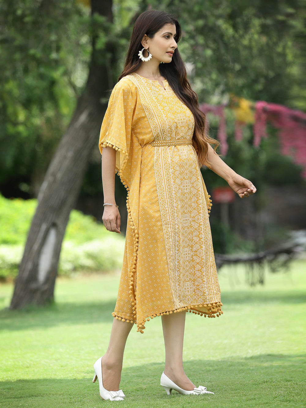 Juniper Mustard Georgette Festive Bandhej Printed Straight Kaftan For Women | Grocsy