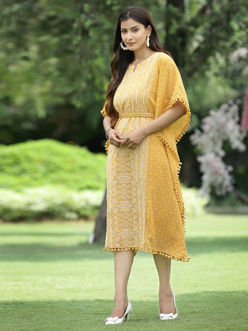 Juniper Mustard Georgette Festive Bandhej Printed Straight Kaftan For Women | Grocsy