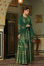 Juniper Green Santoon Slub Festive Foil Printed Straight Lehnga Choli Set For Women | Grocsy