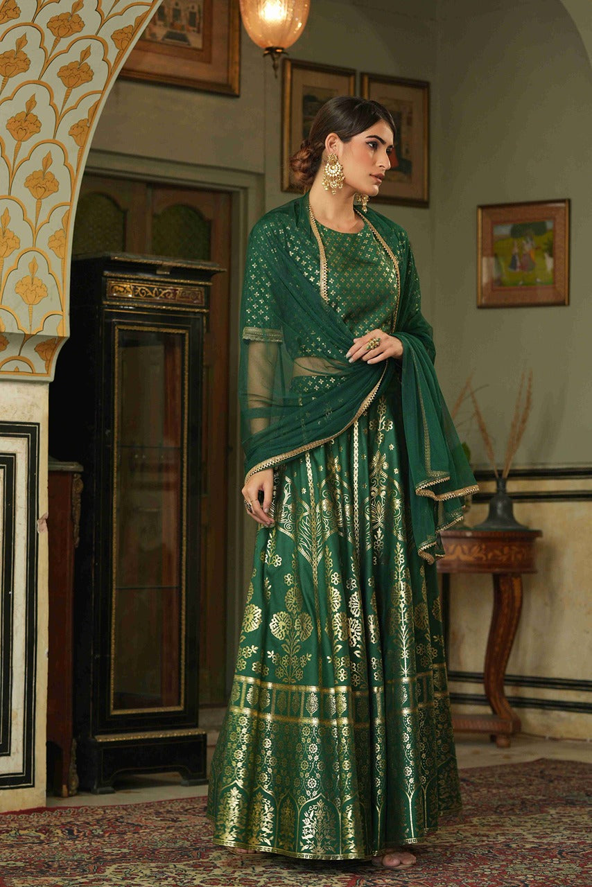 Juniper Green Santoon Slub Festive Foil Printed Straight Lehnga Choli Set For Women | Grocsy