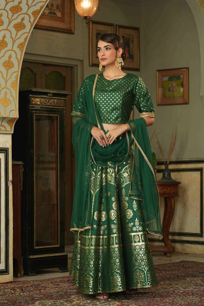 Juniper Green Santoon Slub Festive Foil Printed Straight Lehnga Choli Set For Women | Grocsy