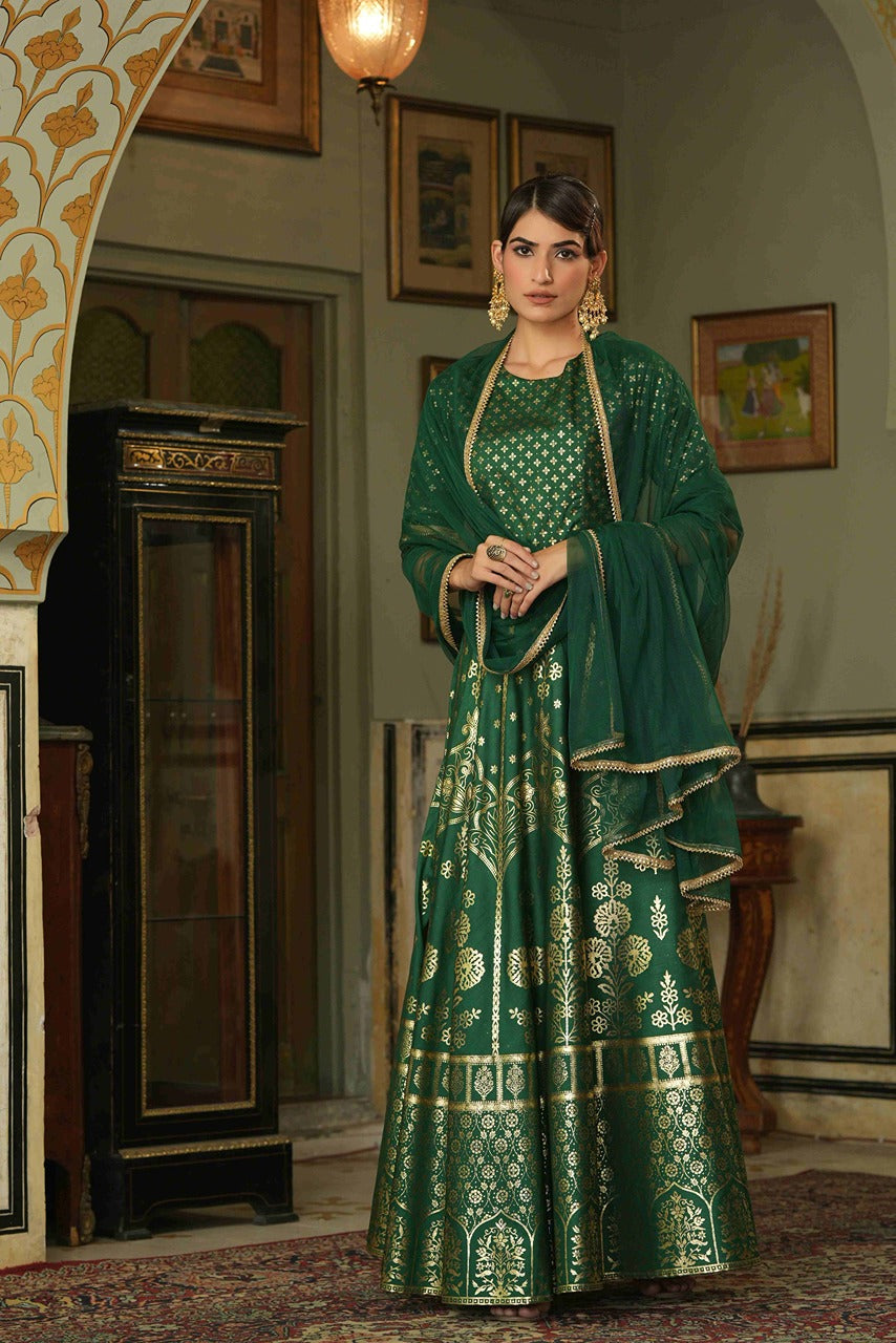 Juniper Green Santoon Slub Festive Foil Printed Straight Lehnga Choli Set For Women | Grocsy
