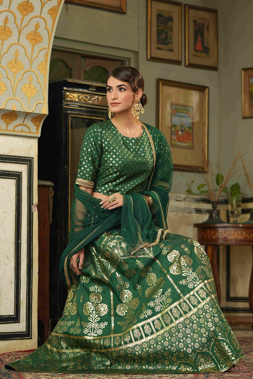 Juniper Green Santoon Slub Festive Foil Printed Straight Lehnga Choli Set For Women | Grocsy