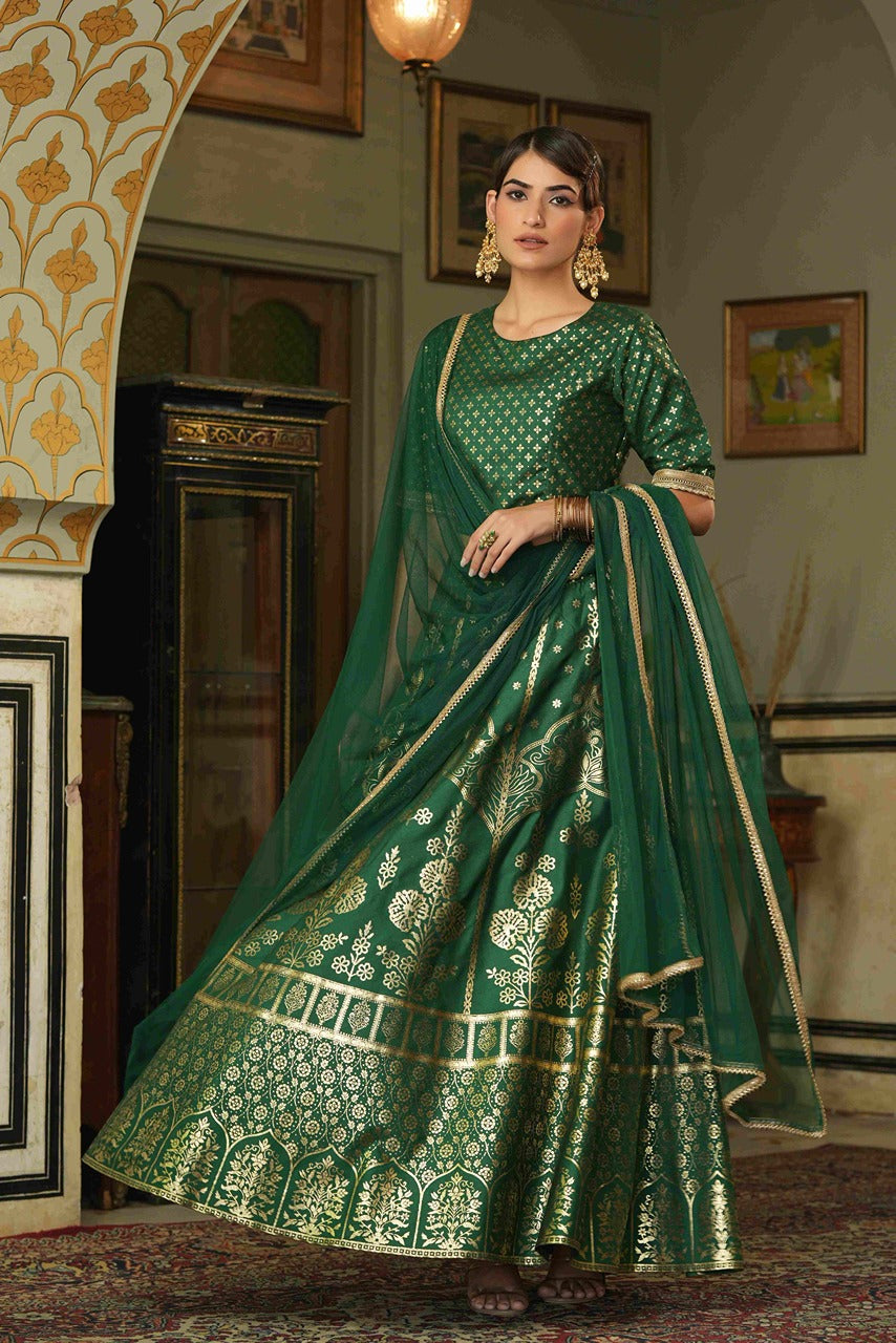 Juniper Green Santoon Slub Festive Foil Printed Straight Lehnga Choli Set For Women | Grocsy