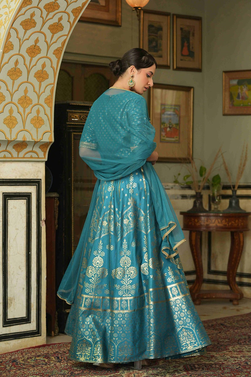 Juniper Teal Santoon Slub Festive Foil Printed Straight Lehnga Choli Set For Women | Grocsy
