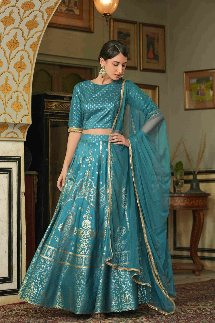 Juniper Teal Santoon Slub Festive Foil Printed Straight Lehnga Choli Set For Women | Grocsy