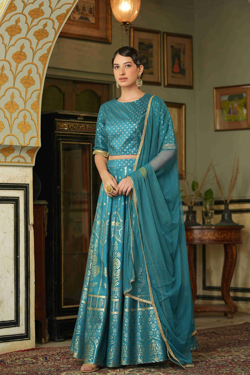 Juniper Teal Santoon Slub Festive Foil Printed Straight Lehnga Choli Set For Women | Grocsy