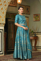 Juniper Teal Santoon Slub Festive Foil Printed Straight Lehnga Choli Set For Women | Grocsy