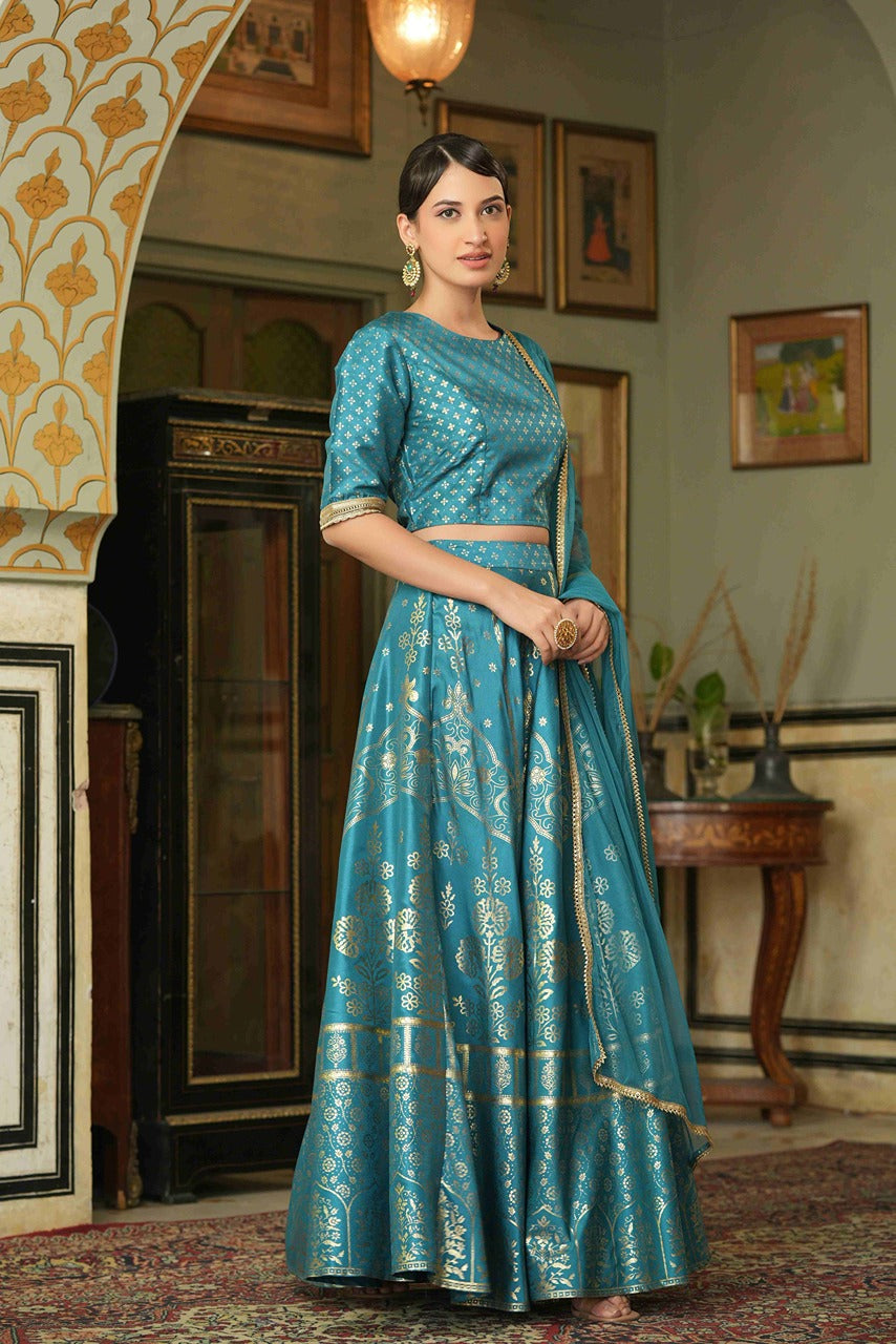 Juniper Teal Santoon Slub Festive Foil Printed Straight Lehnga Choli Set For Women | Grocsy