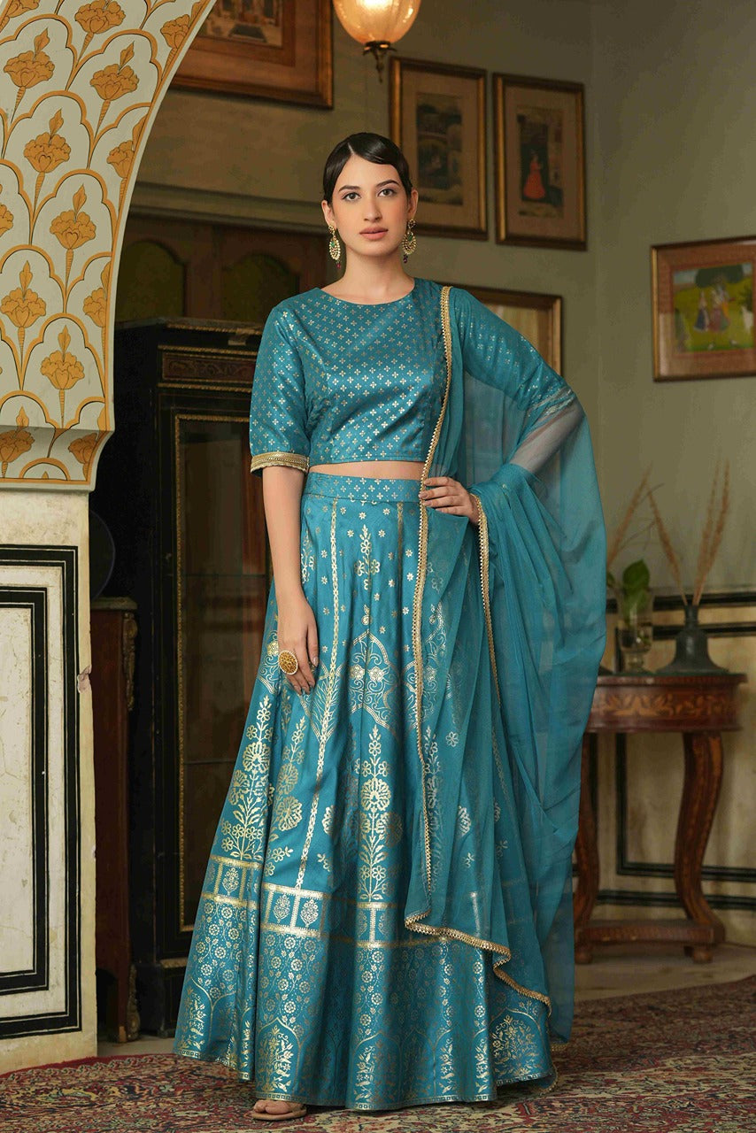 Juniper Teal Santoon Slub Festive Foil Printed Straight Lehnga Choli Set For Women | Grocsy
