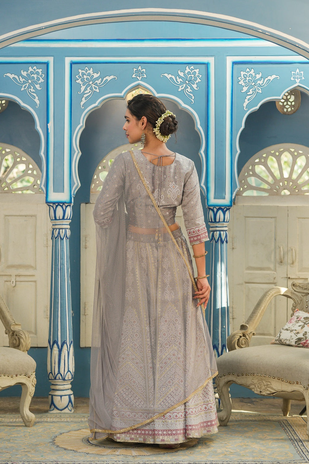 Juniper Grey Santoon Slub Festive Foil Printed Straight Lehnga Choli Set For Women | Grocsy