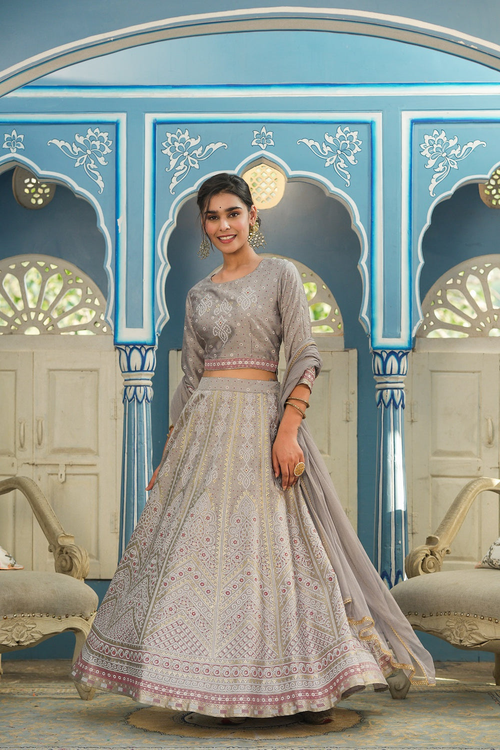 Juniper Grey Santoon Slub Festive Foil Printed Straight Lehnga Choli Set For Women | Grocsy