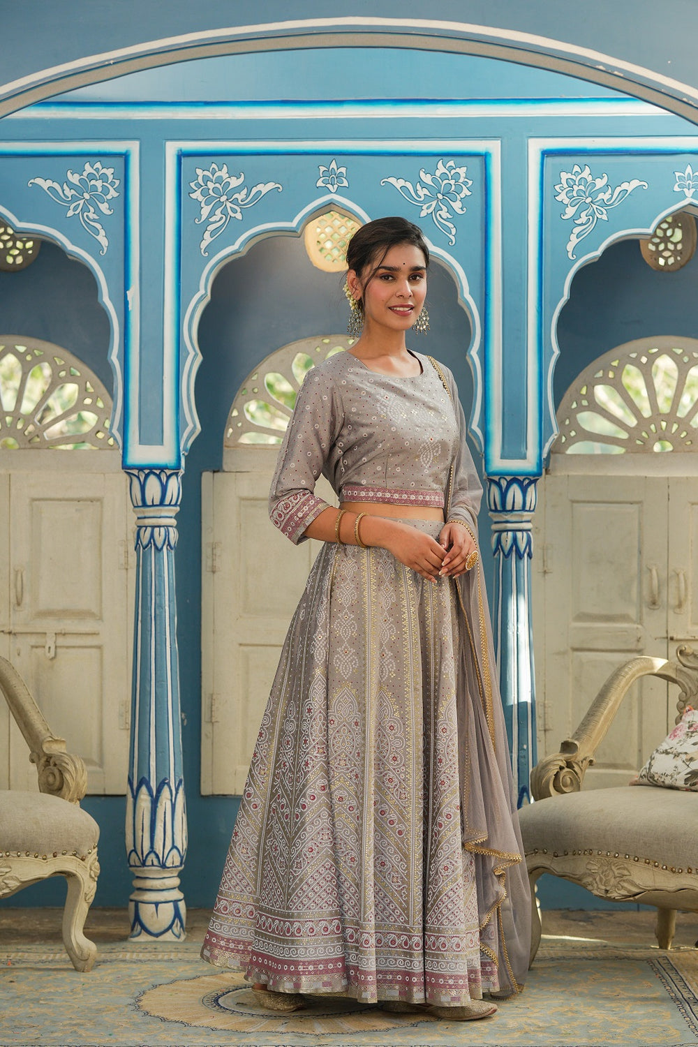 Juniper Grey Santoon Slub Festive Foil Printed Straight Lehnga Choli Set For Women | Grocsy