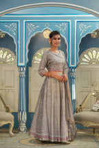 Juniper Grey Santoon Slub Festive Foil Printed Straight Lehnga Choli Set For Women | Grocsy