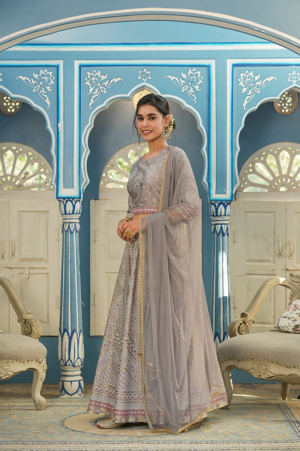 Juniper Grey Santoon Slub Festive Foil Printed Straight Lehnga Choli Set For Women | Grocsy