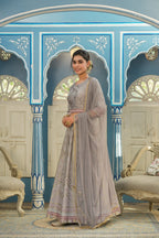 Juniper Grey Santoon Slub Festive Foil Printed Straight Lehnga Choli Set For Women | Grocsy