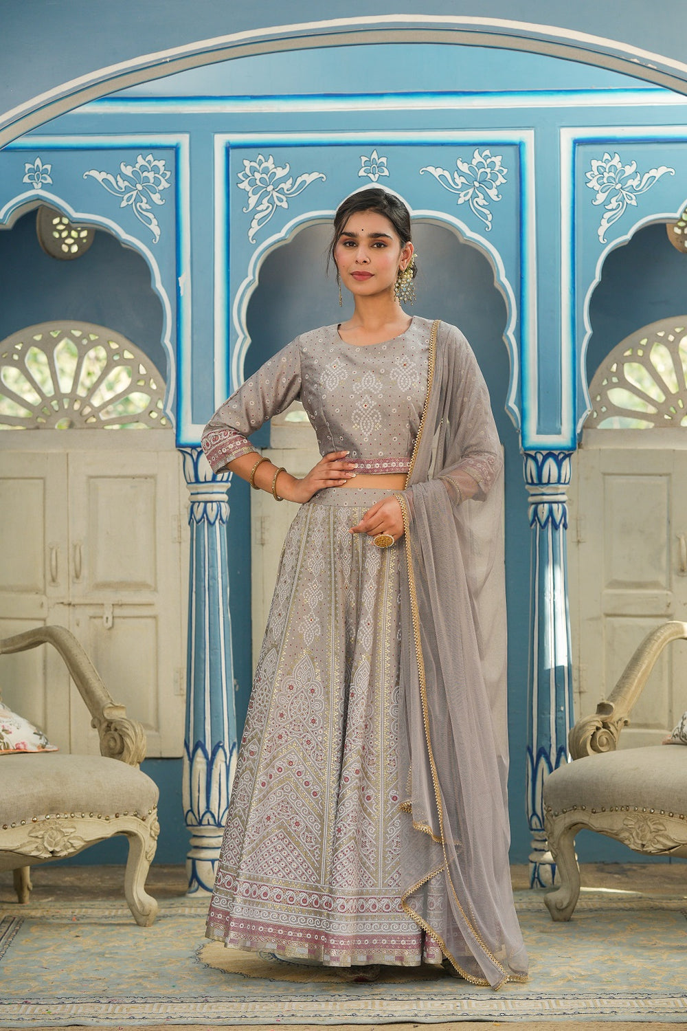 Juniper Grey Santoon Slub Festive Foil Printed Straight Lehnga Choli Set For Women | Grocsy