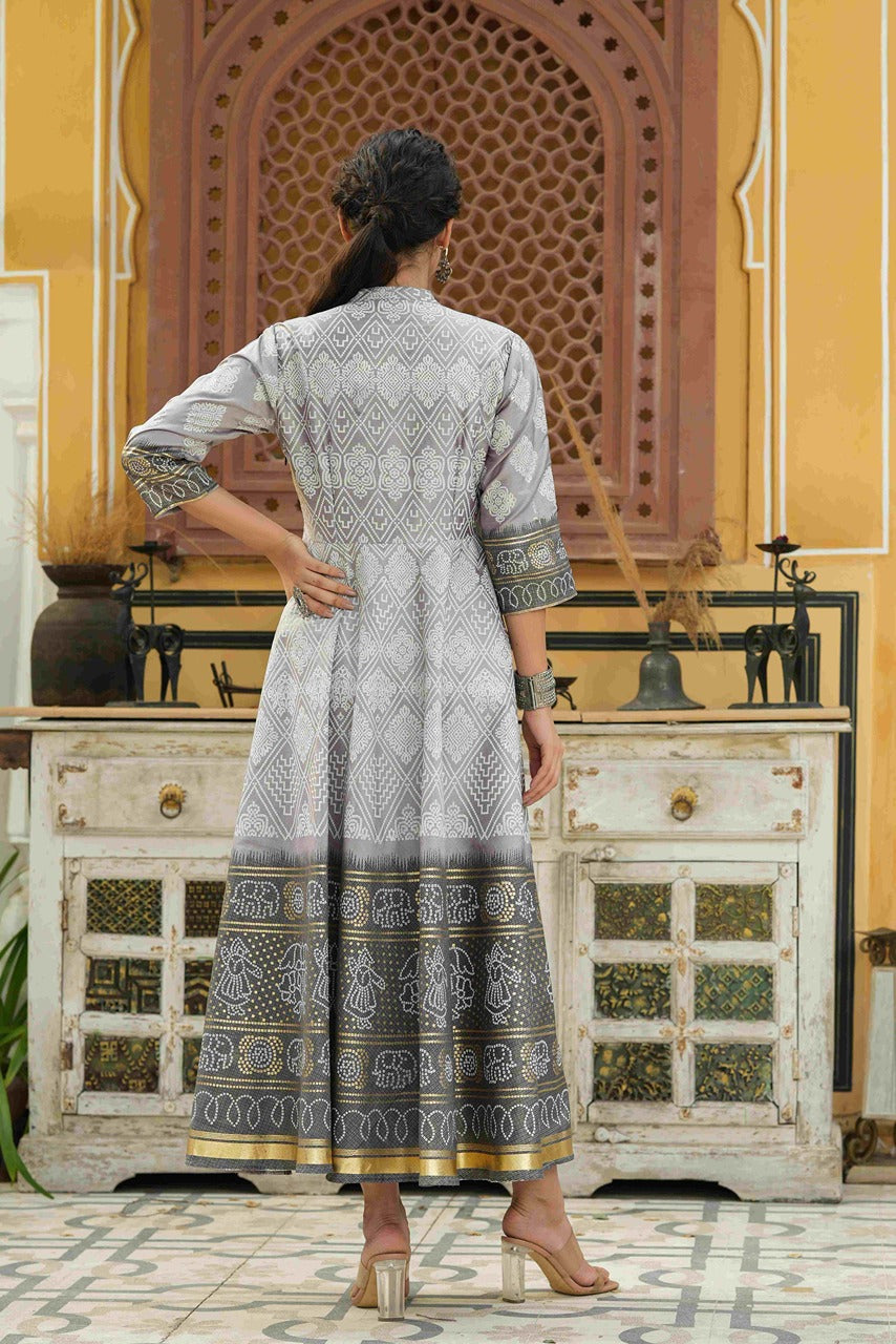 Juniper Grey Shantoon Festive Khadi Print Foil Print Flared Dress For Women | Grocsy