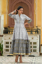 Juniper Grey Shantoon Festive Khadi Print Foil Print Flared Dress For Women | Grocsy