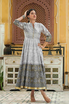 Juniper Grey Shantoon Festive Khadi Print Foil Print Flared Dress For Women | Grocsy