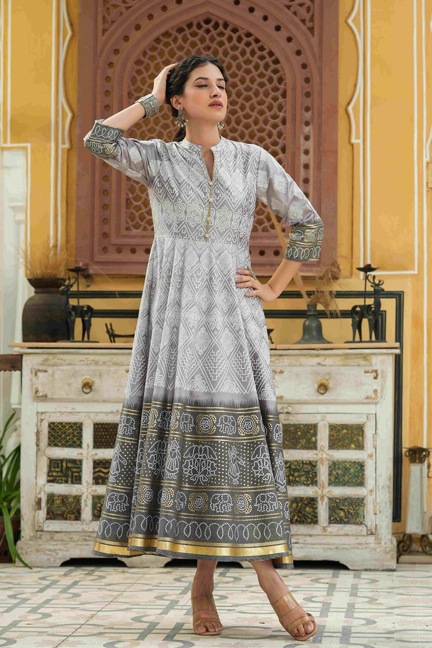 Juniper Grey Shantoon Festive Khadi Print Foil Print Flared Dress For Women | Grocsy