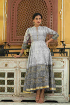 Juniper Grey Shantoon Festive Khadi Print Foil Print Flared Dress For Women | Grocsy