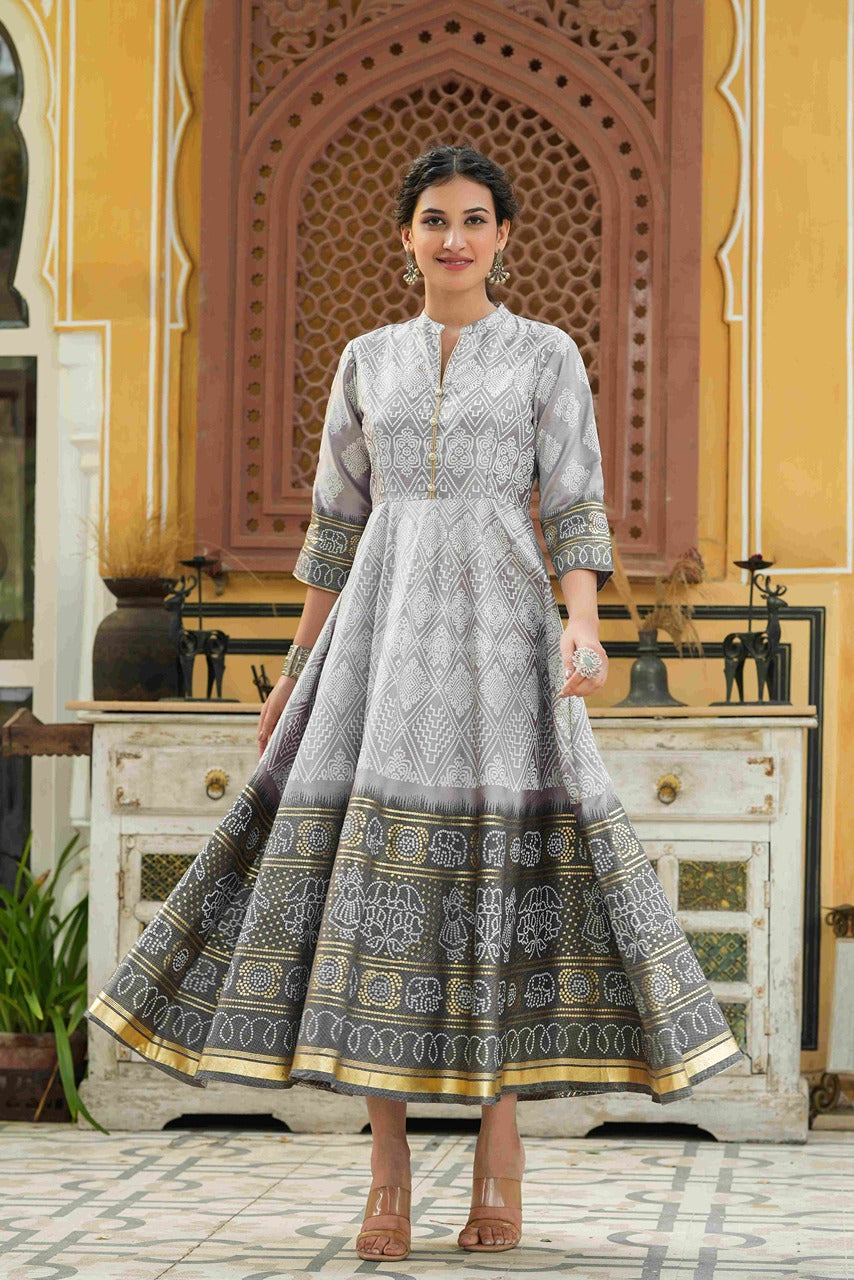 Juniper Grey Shantoon Festive Khadi Print Foil Print Flared Dress For Women | Grocsy