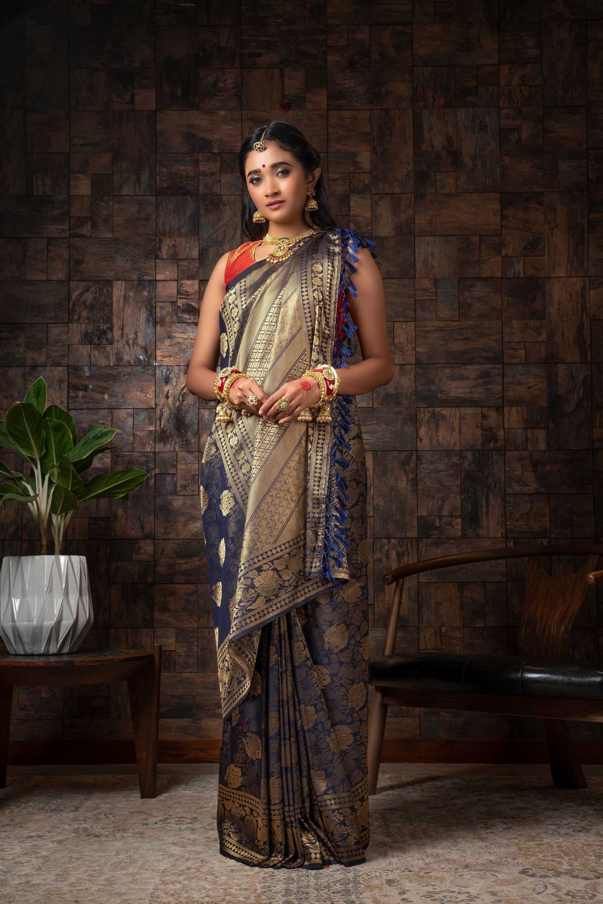 Vardha Sapphire Blue Golden Zari Kanjeevaram Silk Saree | Grocsy