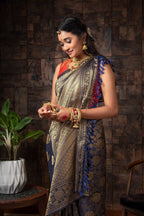 Vardha Sapphire Blue Golden Zari Kanjeevaram Silk Saree | Grocsy