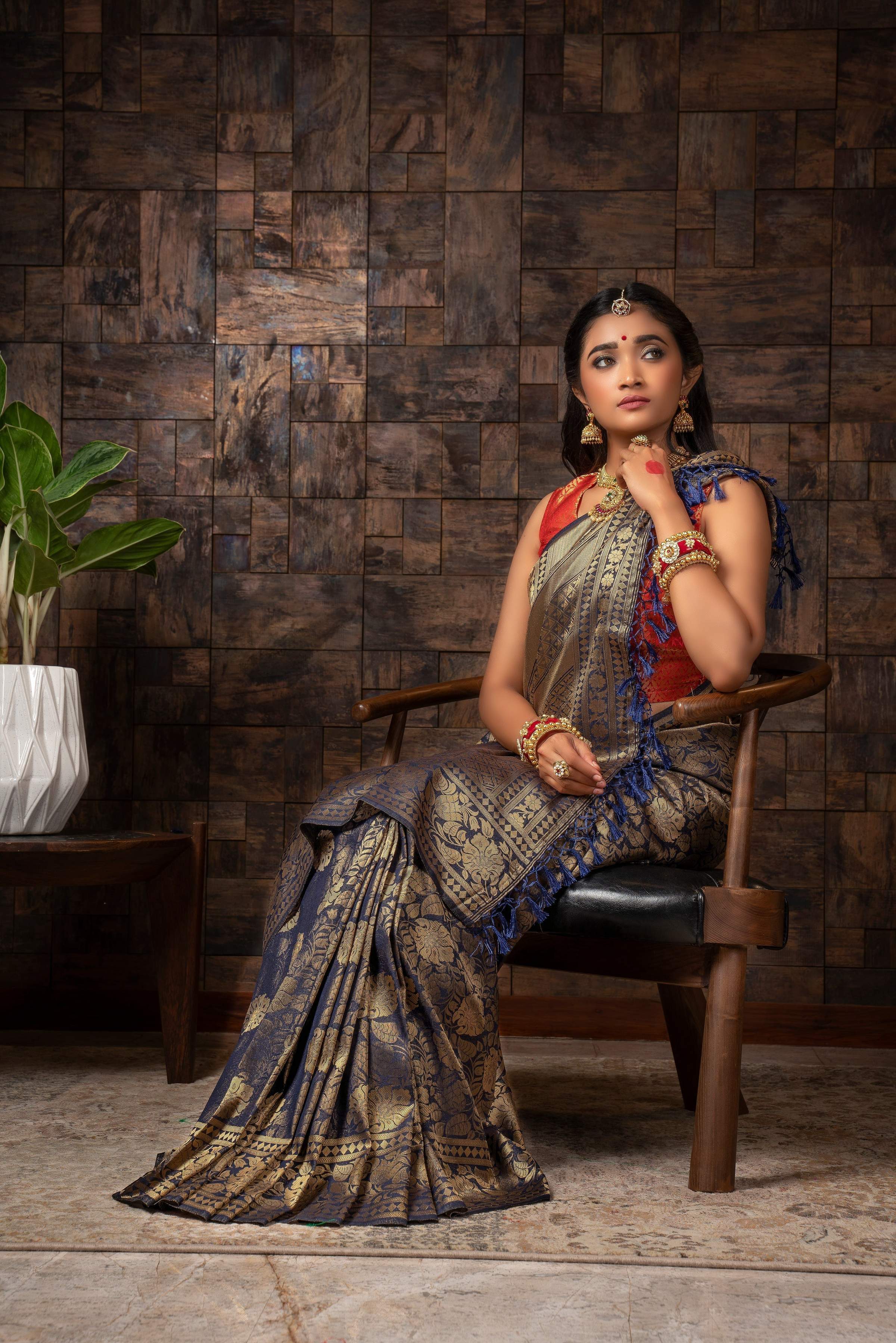 Vardha Sapphire Blue Golden Zari Kanjeevaram Silk Saree | Grocsy