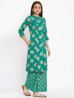 HERE&NOW Green Mandarin Collar Ethnic Motifs Printed A-Line Kurta | Grocsy