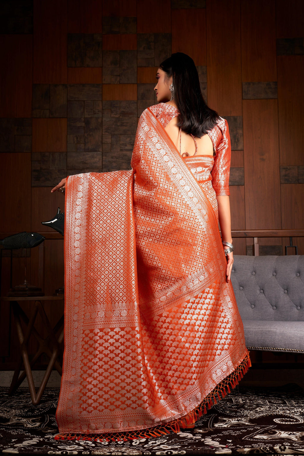 Vardha Candy Red Silver Zari Kanjeevaram Silk Saree | Grocsy