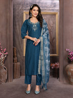 Vedant Vastram Kurta Pant set with Dupatta having Beautiful Hand work (Khatli Work) - Dark Peacock | Grocsy