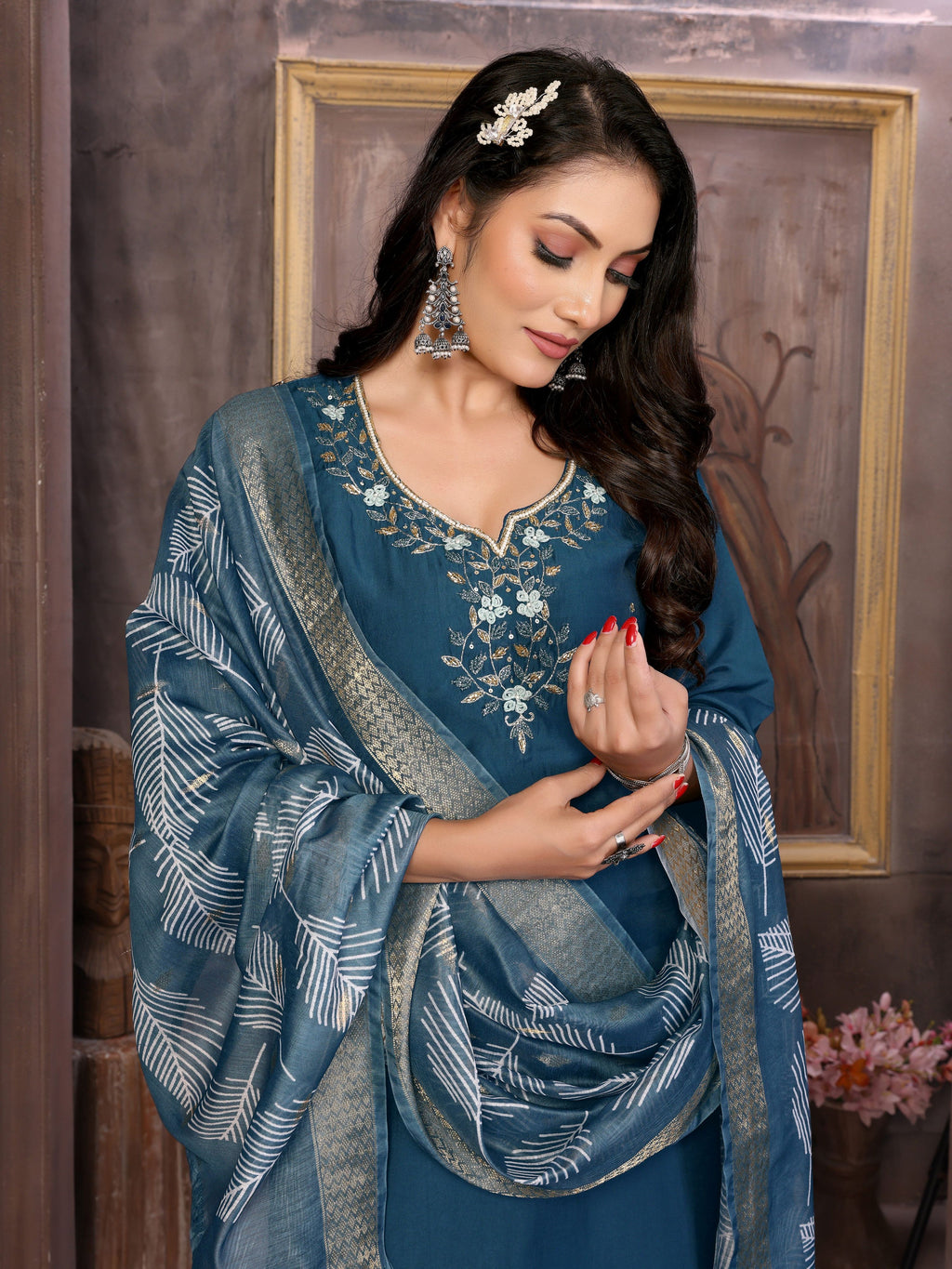 Vedant Vastram Kurta Pant set with Dupatta having Beautiful Hand work (Khatli Work) - Dark Peacock | Grocsy