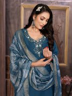 Vedant Vastram Kurta Pant set with Dupatta having Beautiful Hand work (Khatli Work) - Dark Peacock | Grocsy
