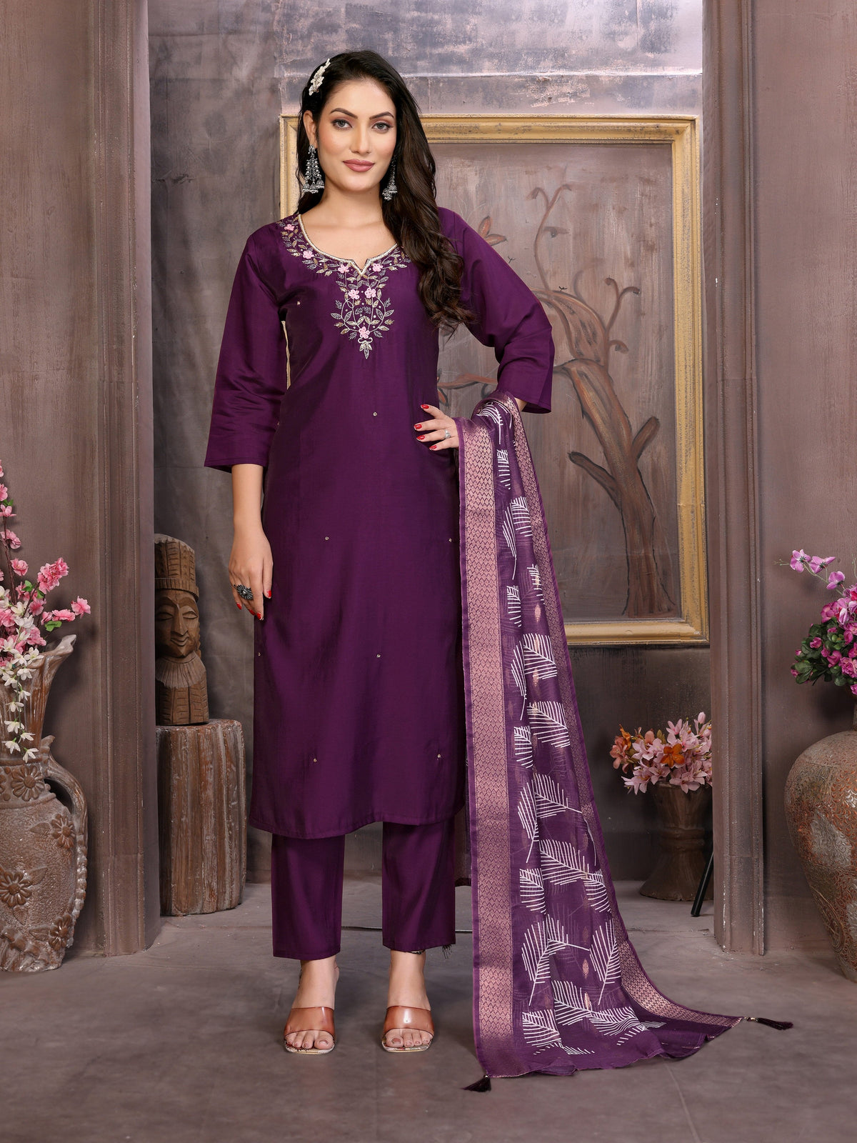 Vedant Vastram Kurta Pant set with Dupatta having Beautiful Hand work (Khatli Work) - Wine | Grocsy