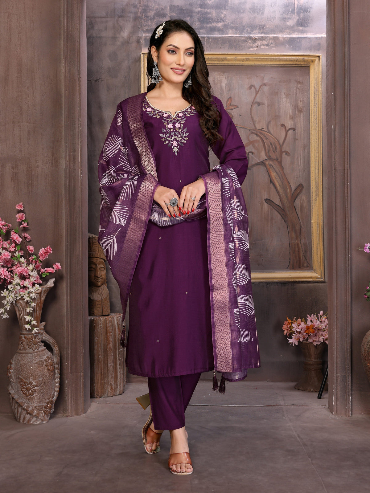 Vedant Vastram Kurta Pant set with Dupatta having Beautiful Hand work (Khatli Work) - Wine | Grocsy