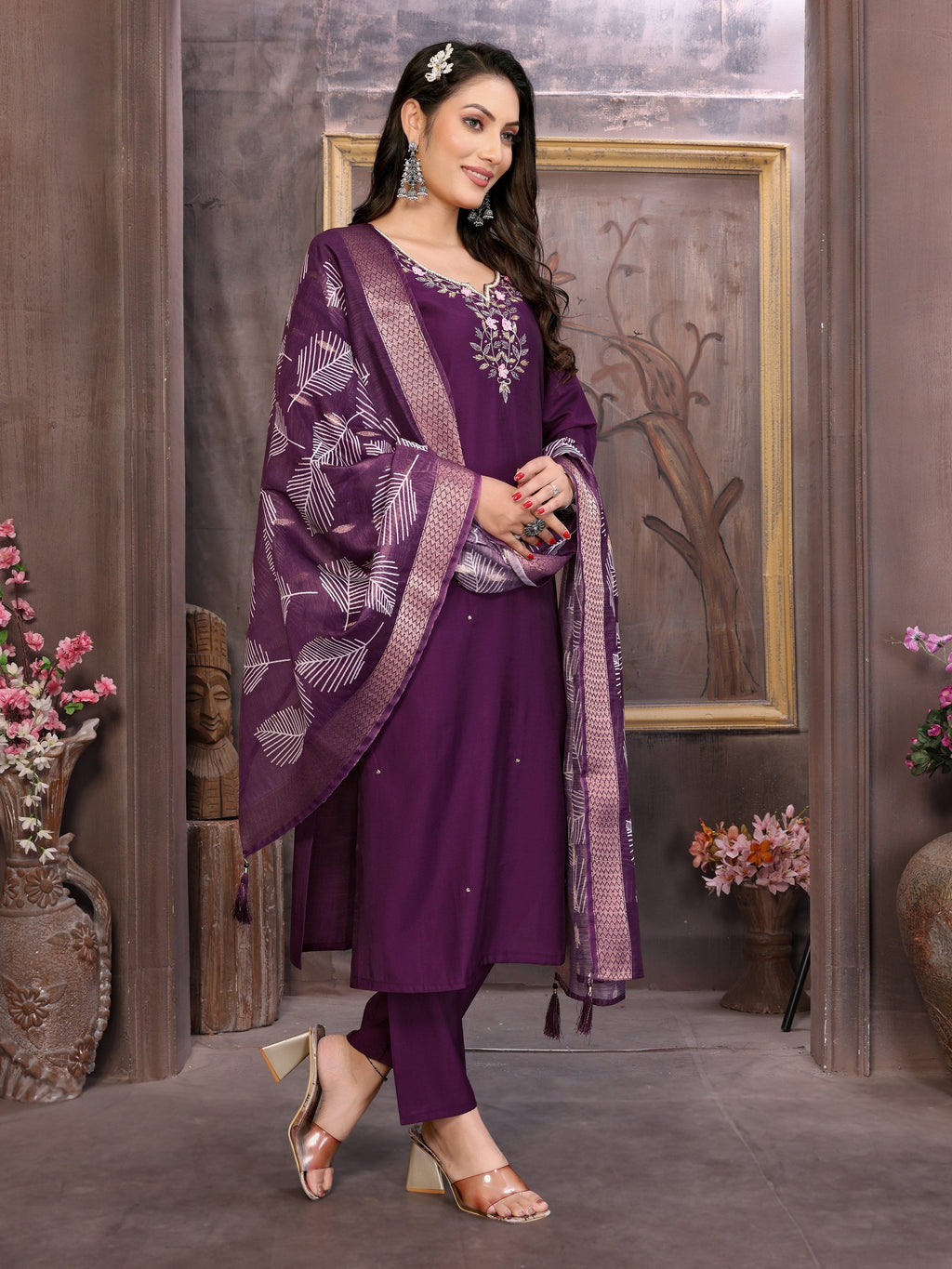 Vedant Vastram Kurta Pant set with Dupatta having Beautiful Hand work (Khatli Work) - Wine | Grocsy