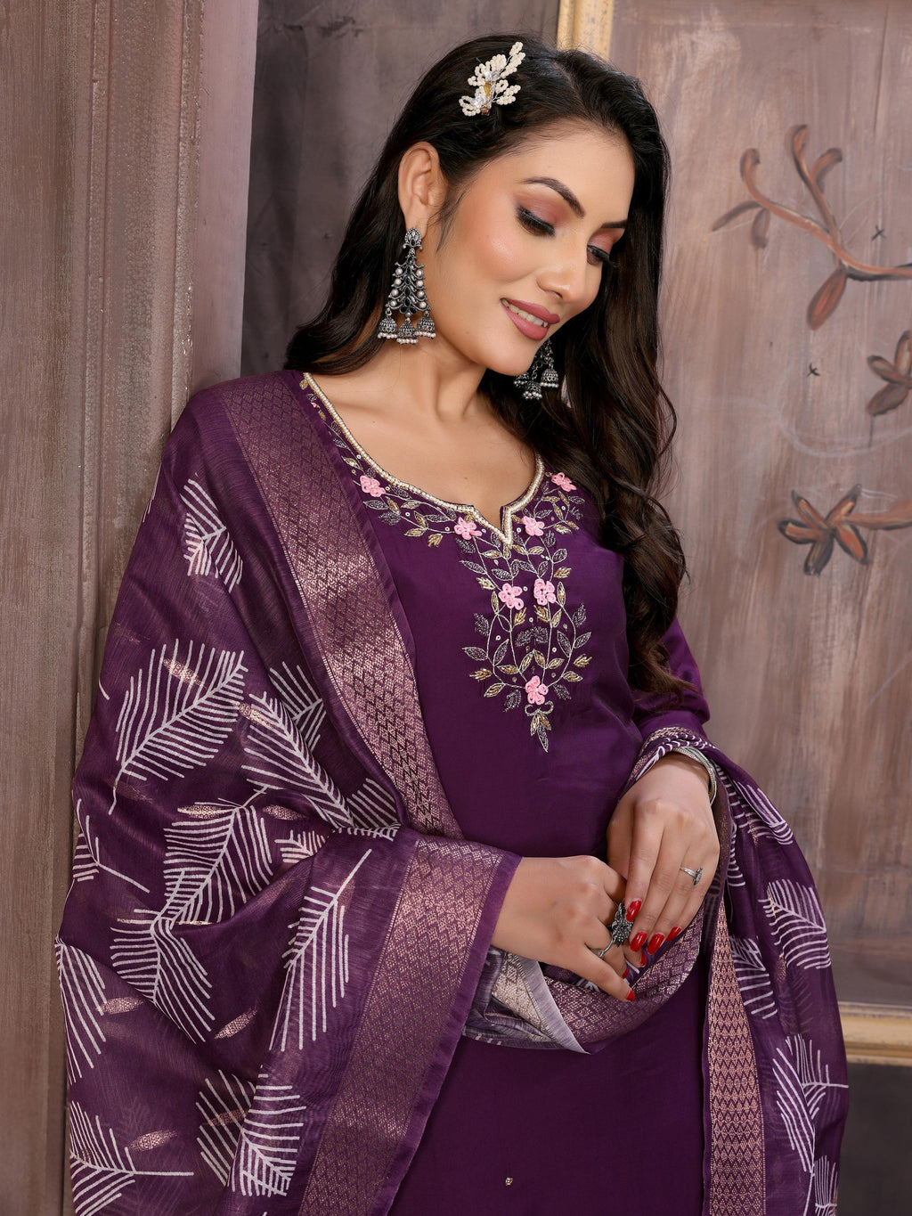 Vedant Vastram Kurta Pant set with Dupatta having Beautiful Hand work (Khatli Work) - Wine | Grocsy
