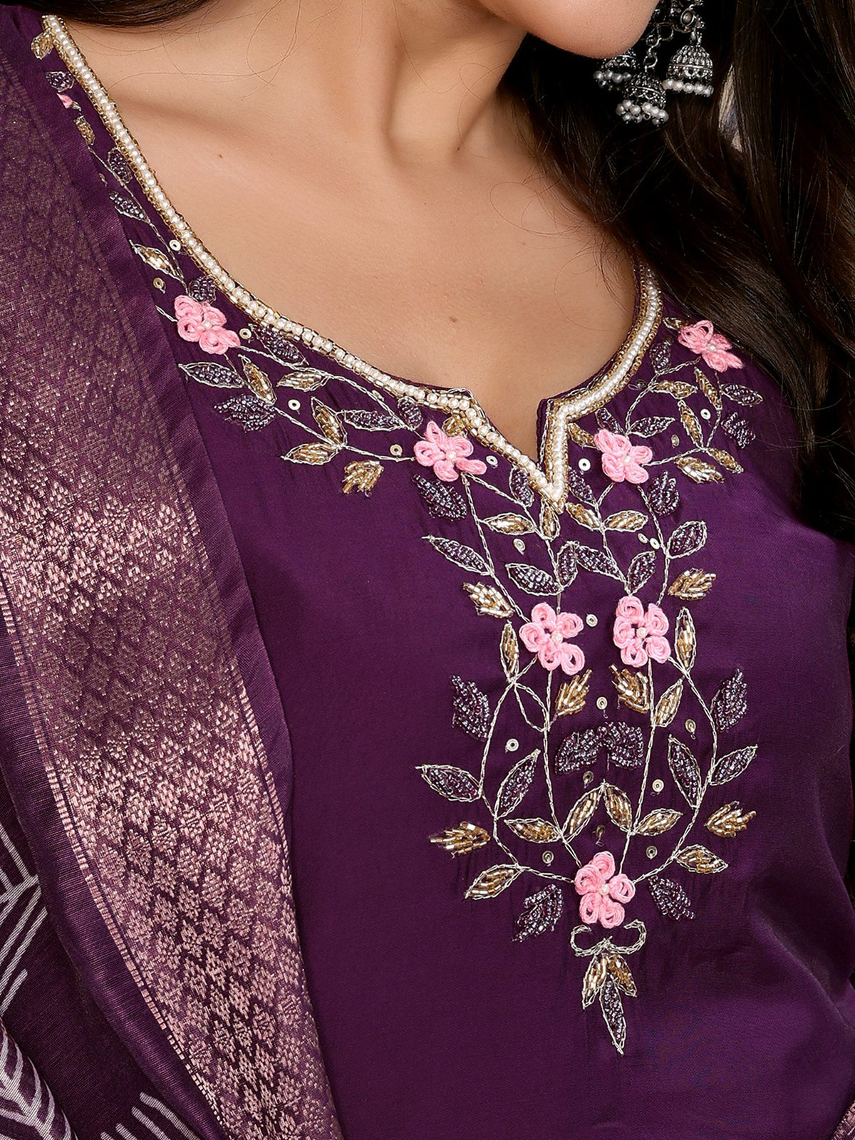 Vedant Vastram Kurta Pant set with Dupatta having Beautiful Hand work (Khatli Work) - Wine | Grocsy