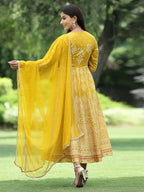 Juniper Women Mustard Santoon Slub Festive Khadi Print Flared Kurta Dupatta Set | Grocsy
