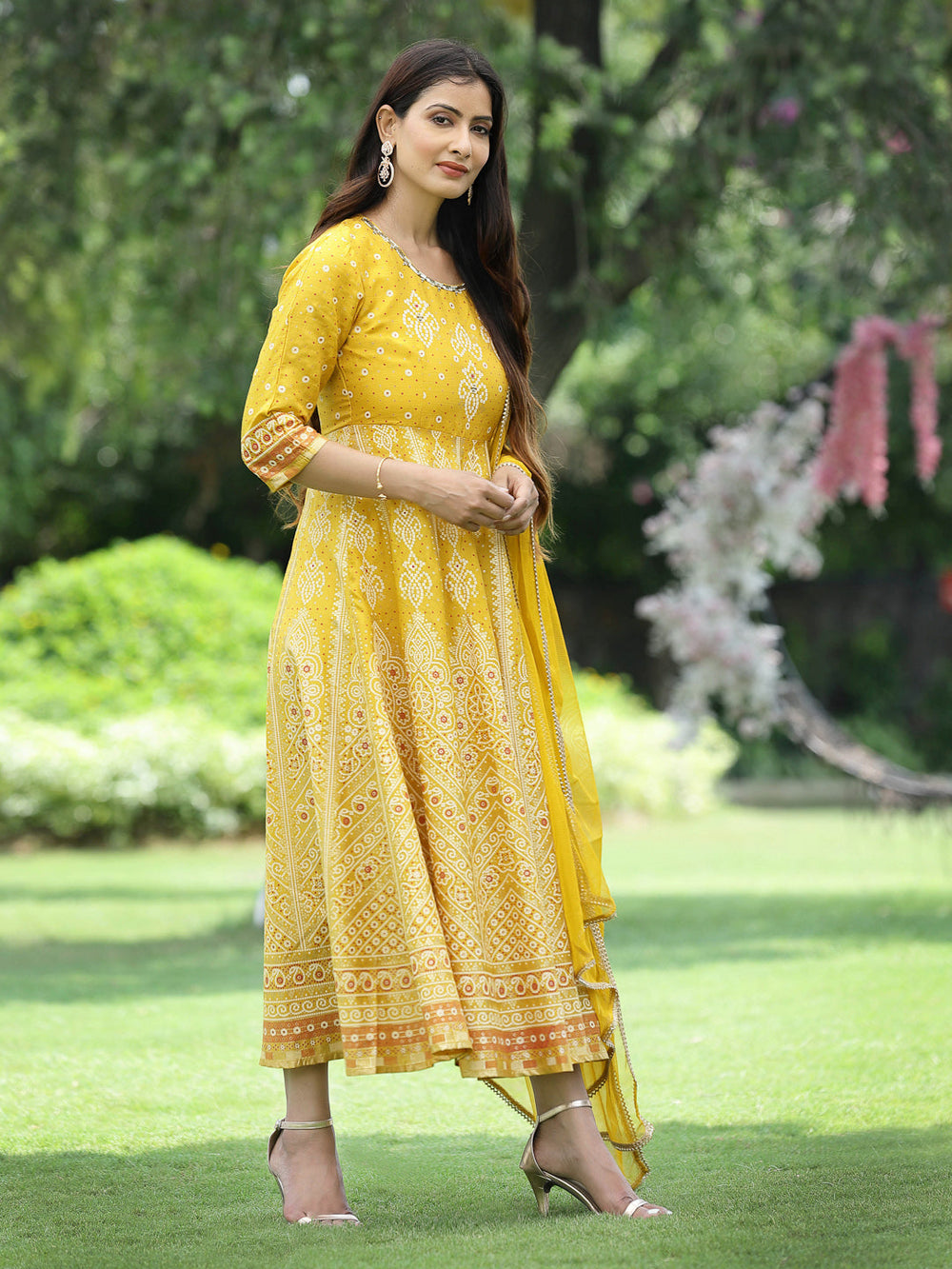 Juniper Women Mustard Santoon Slub Festive Khadi Print Flared Kurta Dupatta Set | Grocsy