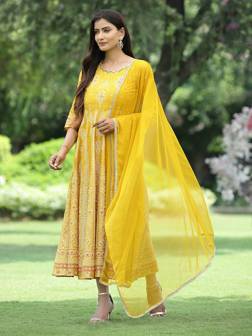 Juniper Women Mustard Santoon Slub Festive Khadi Print Flared Kurta Dupatta Set | Grocsy