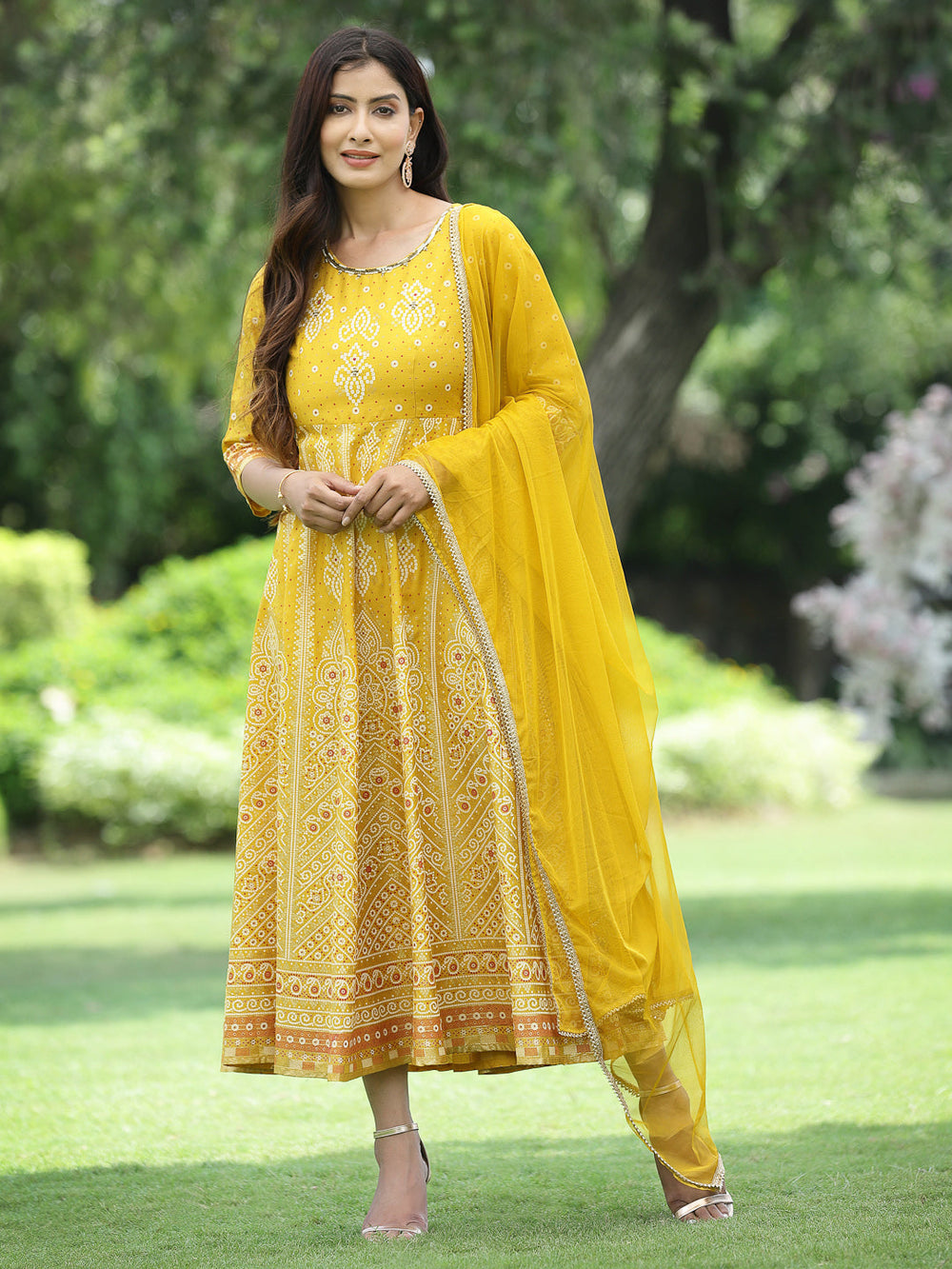 Juniper Women Mustard Santoon Slub Festive Khadi Print Flared Kurta Dupatta Set | Grocsy