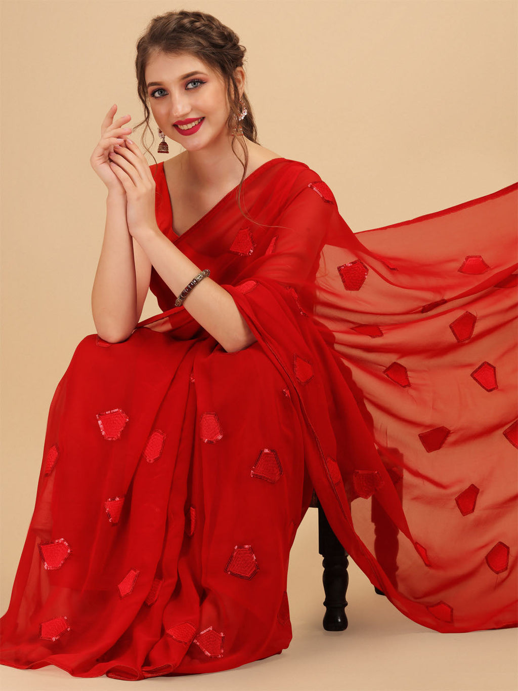 Sangria Red Sequinned Pure Georgette Saree | Grocsy
