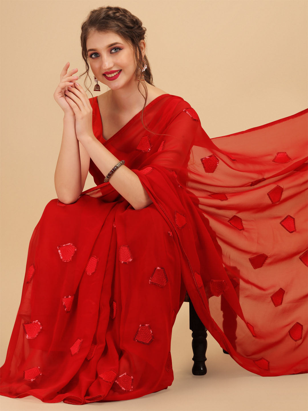 Sangria Red Sequinned Pure Georgette Saree | Grocsy