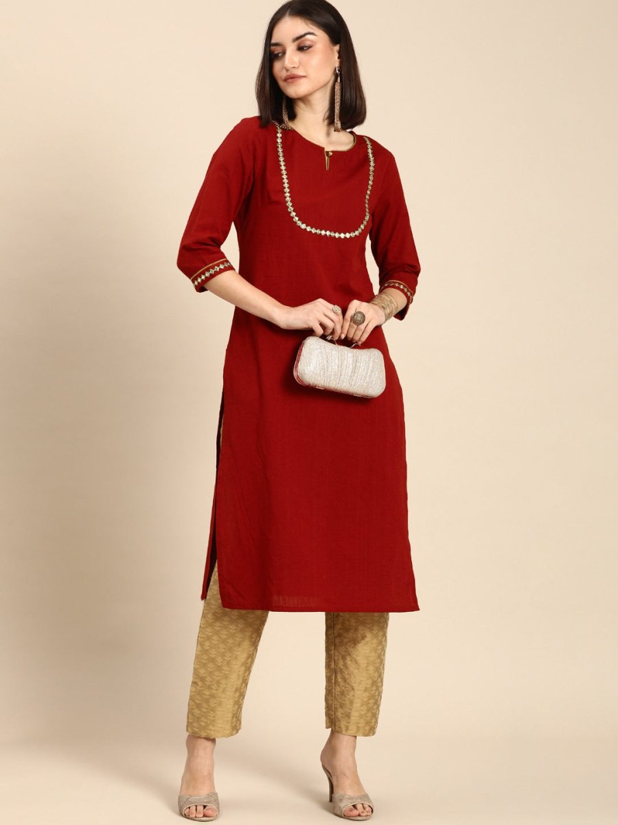 All About You Women Red & Gold-Toned Keyhole Neck Gotta Patti Kurta | Grocsy