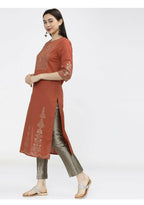 Cheera Embellished Daily Wear Cotton Blend Kurta - Brown | Grocsy