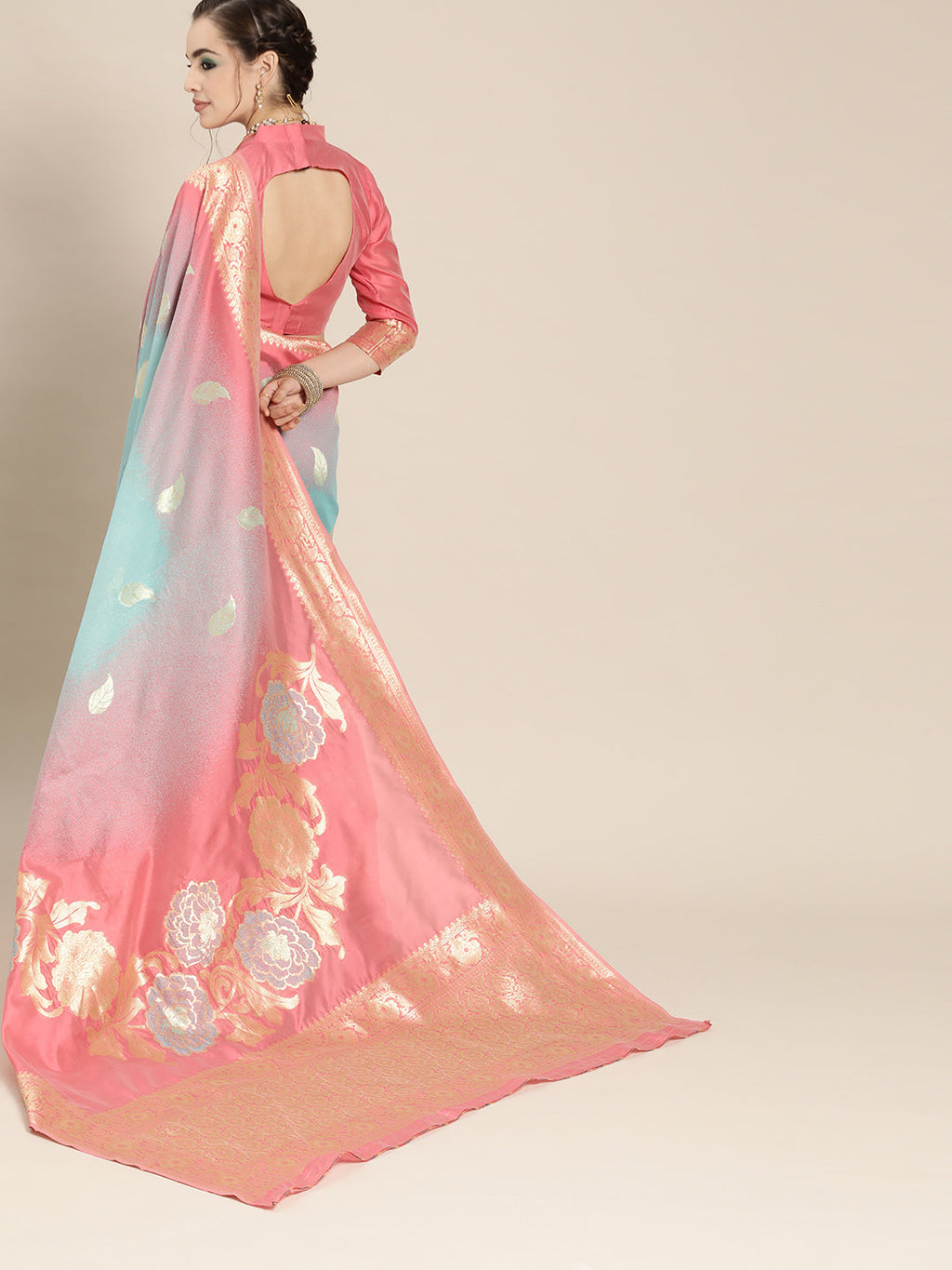 Saree Mall Pink & Blue Floral Dyed Banarasi Saree | Grocsy