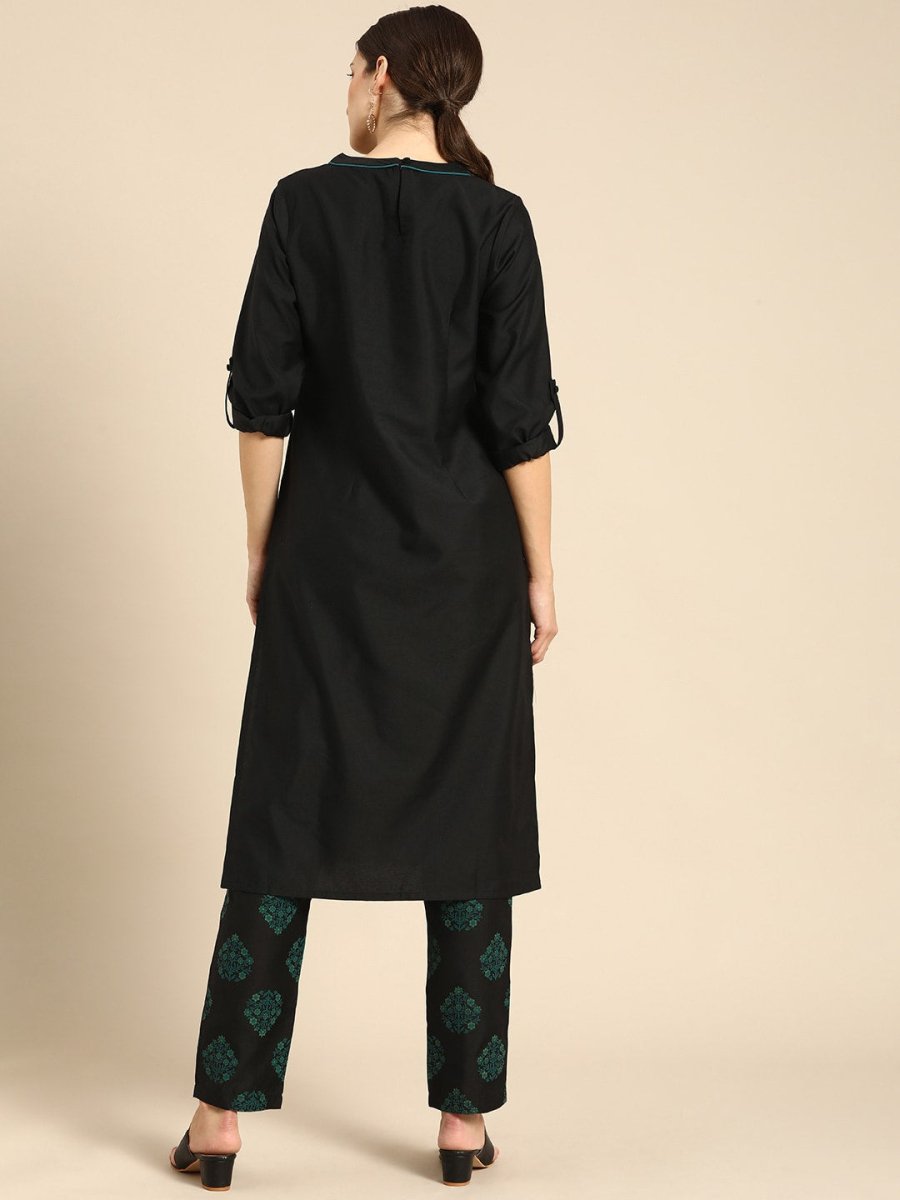 All About You Women Black Floral Yoke Design Regular Thread Work Kurta with Trousers | Grocsy